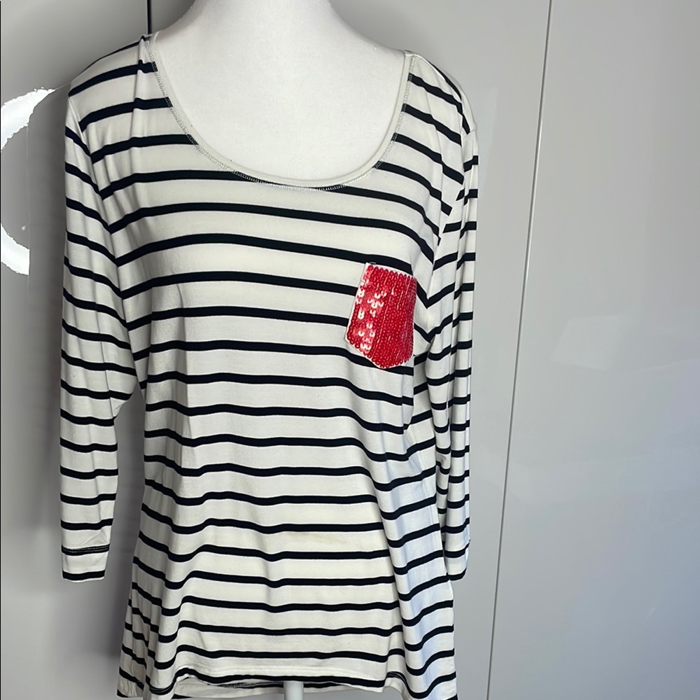 Striped Black and White Top with Red Accent